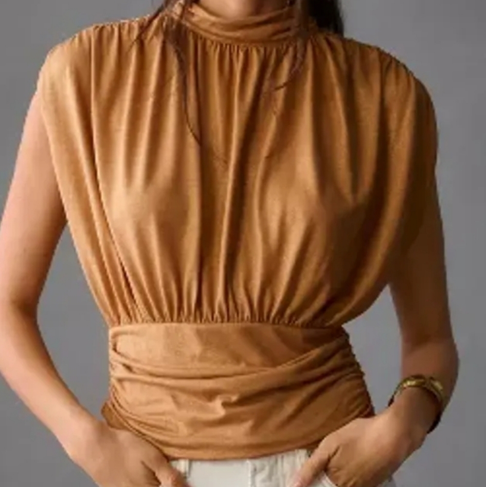 NWT Maeve Mock Neck Muscle T Metallic Cedar Ruched Large